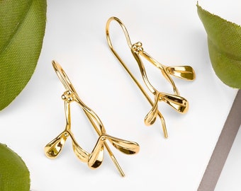 Gold Plated Mistletoe Earrings: Sterling Silver Christmas Jewelry