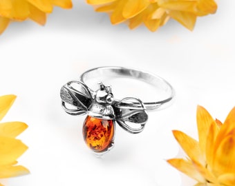Sterling Silver and Baltic Amber Bumble-Bee Ring, Women's Bumble Bee Jewelry, Ladies Honey Bee Jewellery, Gift For Her, Bee Gift