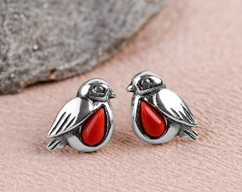 Robin Earrings in Sterling Silver, Bird Earrings, Robin Studs, Coral Robin Stud Earrings, Silver Bird Jewelry, Christmas Gift