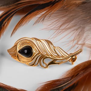 Pfauenfeder Brosche 925 Sterling Silber, 24 Karat vergoldet, Onyx, Statement Vogelfeder Brosche, Boho Schmuck, Geschenke für Mama