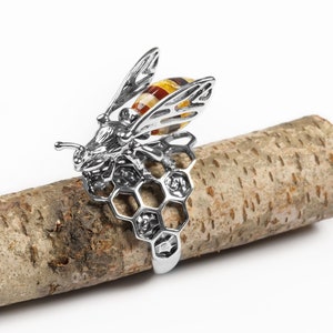 Sterling Silver and Baltic Amber Bee Ring, Bumblebee Ring, Hornet Jewlery, Statement Ring, Adjustable Ring, Boho Ring, Bumble Bee Gifts