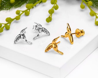 Puces d'oreilles Colibri en argent sterling et plaque d'or 24 carats, Puces d'oiseaux minuscules, Boucles d'oreilles animaux, Boucles d'oreilles tropicales, Cadeaux colibri