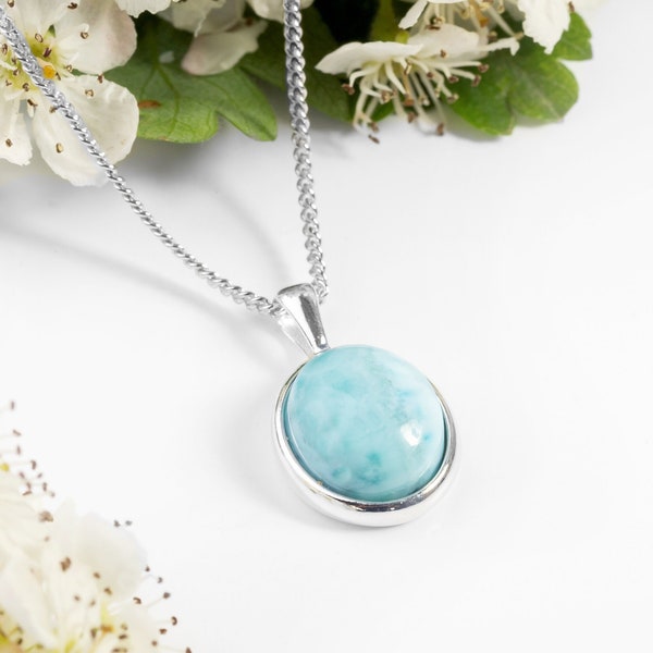 Oval Larimar Necklace in Sterling Silver, Classic Silver Necklace, Larimar Jewelry, Statement Jewelry, Birthstone Necklace