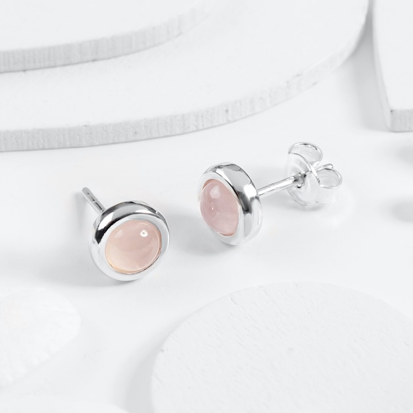 Rose Quartz Stud Earrings, Sterling Silver Tiny Round Pink Studs, Minimal, Bohemian Jewelry, Bridesmaid Gift, Cute Simple Earrings