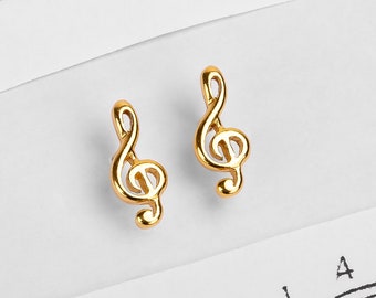 Treble Clef Stud Earrings in 925 Sterling Silver & 24ct Gold Plate, Music Note Earrings, Musical Studs, Jewelry Gift for Music Lover