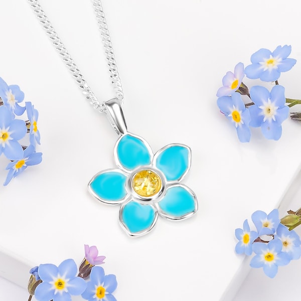 Collier Forget Me Not en argent sterling, breloque fleur, collier de fleurs, cadeaux contre la démence, cadeaux d'amitié, bijoux myosotis