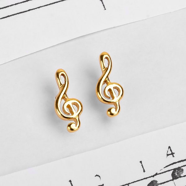 Clous d'oreilles clé de sol en argent sterling 925 et plaque d'or 24 carats, boucles d'oreilles note de musique, clous musicaux, cadeau bijoux pour mélomane