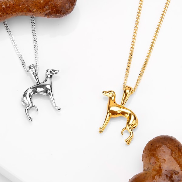Greyhound Dog Necklace in Sterling Silver and 24ct Gold Plate, Whippet Sighthound Necklace, Greyhound Charm, Dog Necklace, Dog Lover Gift
