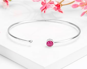 Ruby and Sterling Silver Simple Cuff Bangle, Minimal Bracelet, Gemstone Bangle, Solo Stacking Bangle, July Birthstone Jewelry