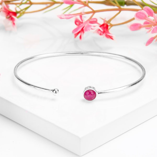 Ruby and Sterling Silver Simple Cuff Bangle, Minimal Bracelet, Gemstone Bangle, Solo Stacking Bangle, July Birthstone Jewelry