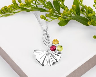 Ginkgo Necklace in Silver with Peridot, Garnet and Citrine, Ginkgo Leaf Necklace, Silver Leaf Necklace, Silver Leaf Jewelry, Ginkgo Charm