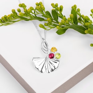 Ginkgo Necklace in Silver with Peridot, Garnet and Citrine, Ginkgo Leaf Necklace, Silver Leaf Necklace, Silver Leaf Jewelry, Ginkgo Charm