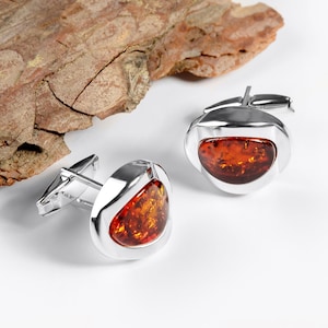 Luxury 925 Sterling Silver Cufflinks, Baltic Amber Silver Cuff Links, Chunky Solid Silver Statement Cufflinks, Gift for Dad, Wedding Present