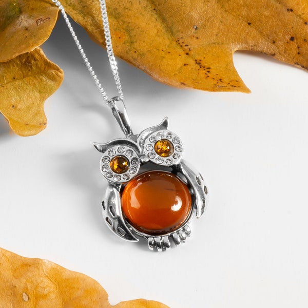 Collier hibou en ambre et argent sterling, pendentif à breloques amateur de hibou, pendentif hibou en argent, bijoux pour femme, cadeau de remise des diplômes