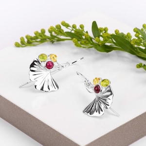 Ginkgo Earrings in Silver with Peridot, Garnet & Citrine, Ginkgo Leaf Earrings, Flower Earrings, Statement Earrings, Silver Leaf Jewelry