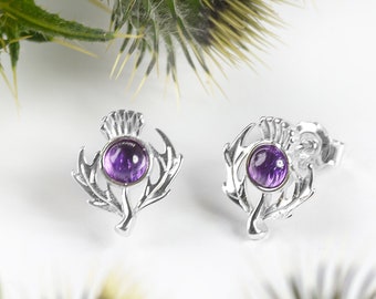 Scottish Thistle Stud Earrings in Sterling Silver and Amethyst, Thistle Flower Jewelry, Floral Earrings, Amethyst Earrings, Boho Jewelry