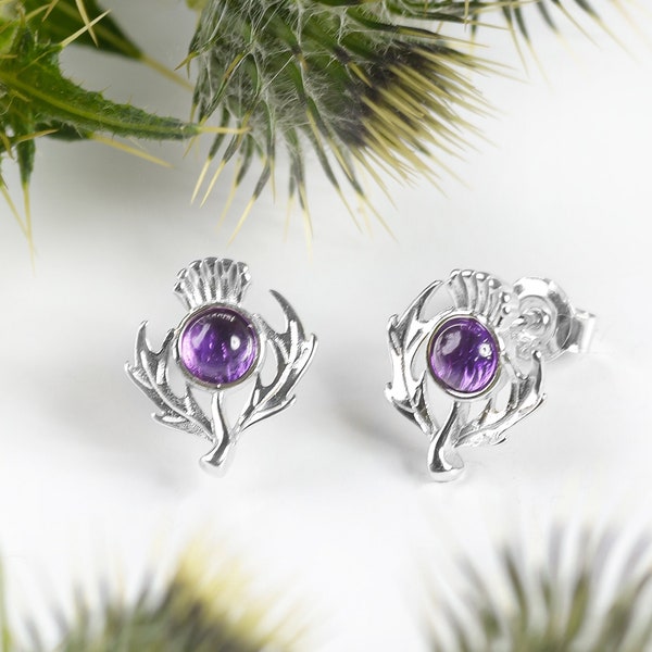 Scottish Thistle Stud Earrings in Sterling Silver and Amethyst, Thistle Flower Jewelry, Floral Earrings, Amethyst Earrings, Boho Jewelry