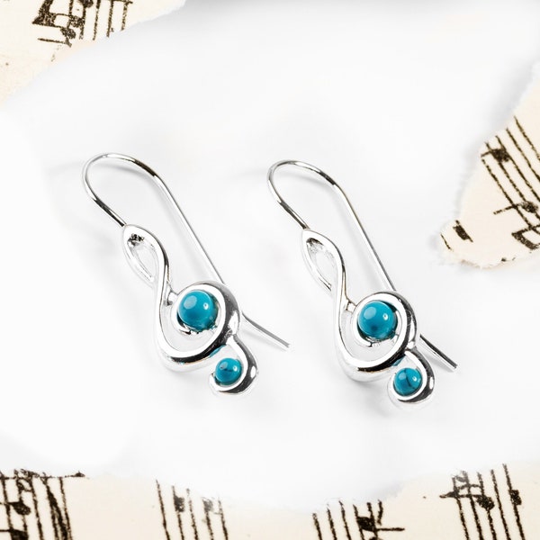 Music Treble Clef Hook Earrings in Sterling Silver and Turquoise, Music Gift, Turquoise Earrings, Musical Earrings, Treble Clef Jewelry