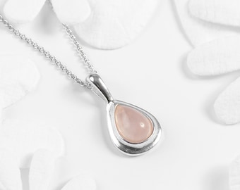 Rose Quartz Necklace in Sterling Silver, Simple Minimal Teardrop Necklace, Rose Quartz Jewelry, Mothers Day Gift, Birthstone Necklace