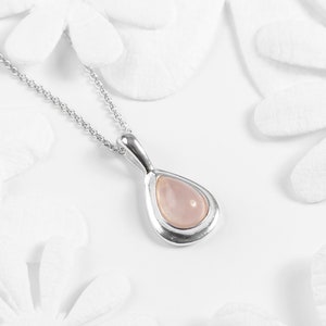 Rose Quartz Necklace in Sterling Silver, Simple Minimal Teardrop Necklace, Rose Quartz Jewelry, Mothers Day Gift, Birthstone Necklace