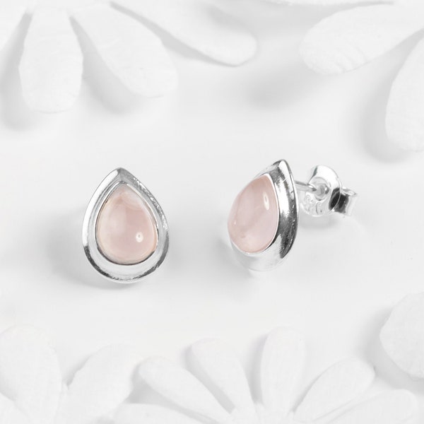 Rose Quartz Stud Earrings in Sterling Silver, Dainty Earrings, Minimal Earrings, Teardrop Earrings, Rose Quartz Jewelry, Boho Earrings