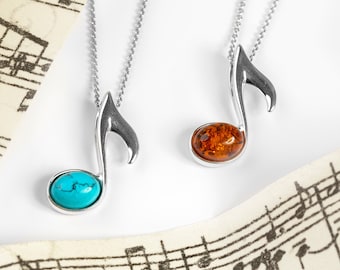 Music Note Necklace in 925 Sterling Silver and Turquoise, Quaver Pendant, Eighth Note Music Charm, Musical Note Gifts, Music Teacher Gift