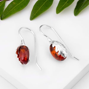 Eichenblatt Ohrringe, Sterling Silber und Bernstein Naturschmuck, Herbst Herbst Ohrringe, Boho Style, Geschenk für Sie