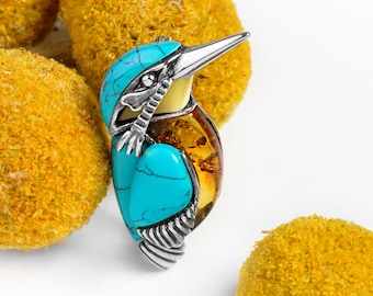 Kingfisher Brooch Pin in Sterling Silver and Turquoise, Women's Bird Lover Pin, Ladies Nature Inspired Jewelry, Unique Statement Jewellery