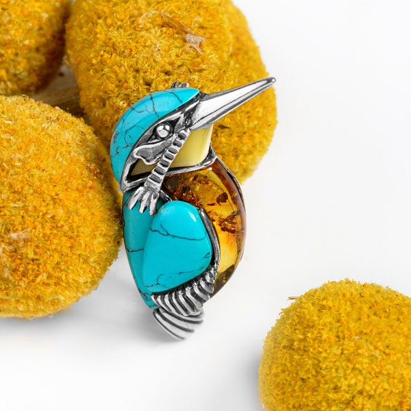Kingfisher Brooch Pin in Sterling Silver and Turquoise, Women's Bird Lover Pin, Ladies Nature Inspired Jewelry, Unique Statement Jewellery