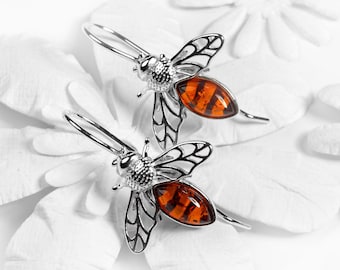 Sterling Silver Honey Bee Earrings, Amber and Silver Bumble Bee Earrings, Statement Earrings, Gift For Her, Boho Jewelry, Save the Bees