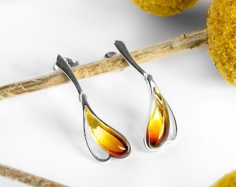Sterling Silver Baltic Amber Earrings: Teardrop Dangle Earrings