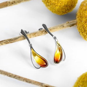 Sterling Silver Baltic Amber Earrings: Teardrop Dangle Earrings