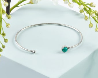 Simple Cuff Bangle in Sterling Silver and Turquoise, Minimal Bracelet, Gemstone Bangle, Solo Stacking Bangle, Turquoise Birthstone Bracelet