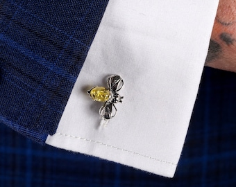 Silver Bee Cufflinks: Yellow Amber Bumble Bee Jewelry