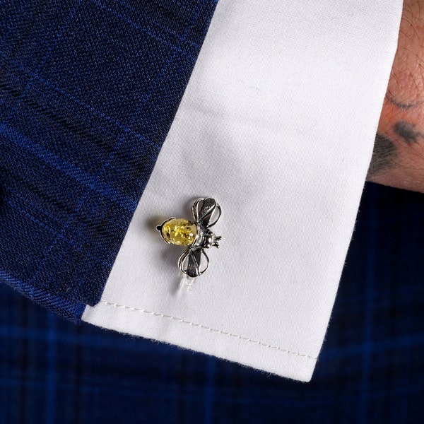 Silver Bee Cufflinks in Yellow Amber, Silver Cuff Links, Bumble Bee Jewelry For Men, Gift For Him, Gift for Dad, Wedding Present