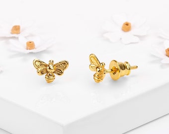 Bee Stud Earrings in Sterling Silver and 24ct Gold Plate, Honey Bee Studs, Bumble Bee Jewelry, Bee Gifts, Gold Bee Earrings