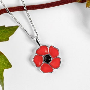 925 Sterling Silver Red Poppy Necklace, Red Flower Necklace, Poppy Gifts