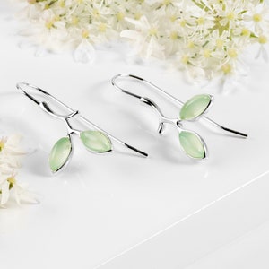 Sterling Silver Leaf Earrings in Prehnite, Olive Leaf Branch Hook Earrings, Statement Earrings, Boho Earrings, Gift for Girlfriend