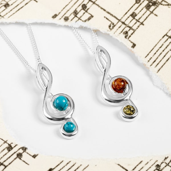Collana con chiave di violino in argento sterling: ambra baltica e turchese
