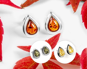 Amber and Sterling Silver Teardrop Stud Earrings, Simple Baltic Amber Studs, Bohemian Jewelry, Minimal Earrings, Amber Gift