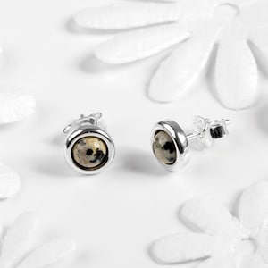 Dalmatian Jasper and Sterling Silver Stud Earrings, Simple Tiny Minimal Studs, Animal Print Earrings, Boho Jewelry, Bridesmaid Gift