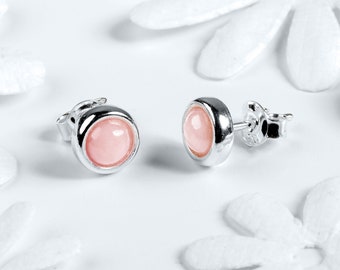 Pink Peruvian Opal Stud Earrings, Sterling Silver Tiny Round Pink Studs, Minimal, Bohemian Jewelry, Bridesmaid Gift, Birthstone Gift