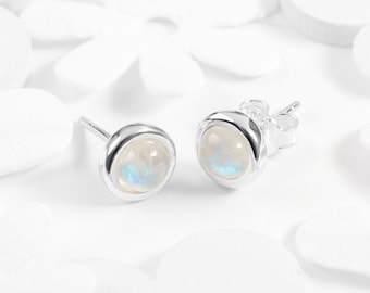 Moonstone Stud Earrings in Sterling Silver, Minimal Earrings, Round Studs, Boho Jewelry, Bridesmaid Gift, Moonstone Earrings