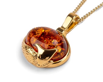 Fox Necklace in 925 Sterling Silver & 24ct Gold Plate, Amber Sleeping Fox Pendant, Woodland Animal Jewelry, Gifts for Women