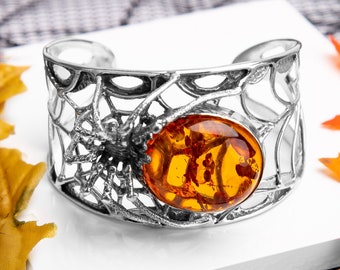 Bracelet Manchette Ancien En Argent Massif 925 Avec Cabochon D'ambre - Occasion Vintage