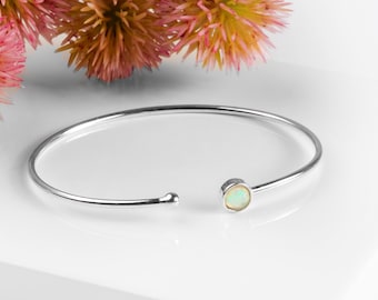 Simple Cuff Bangle in Sterling Silver and Ethiopian Opal, Minimal Bracelet, Solo Stacking Bangle, Healing Crystal, October Birthstone Gift