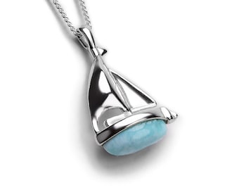 Collier voilier Larimar en argent sterling 925, bijoux de bateau de yacht, cadeaux marins, spi de voile, océan sept mers