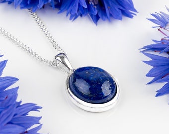 Oval Lapis Lazuli Necklace in Sterling Silver, Classic Silver Necklace, Lapis Lazuli Jewelry, Statement Jewelry, Birthstone Necklace