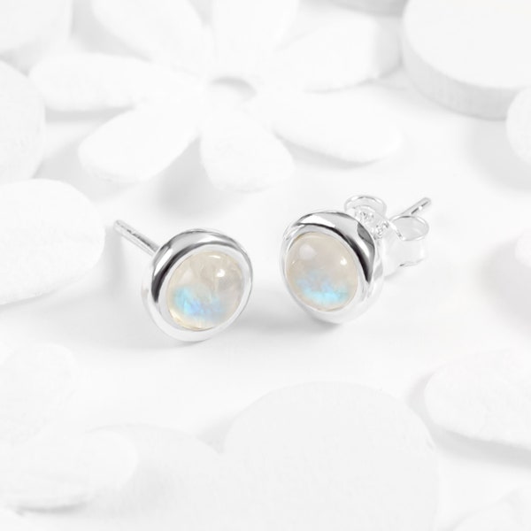 Moonstone Stud Earrings in Sterling Silver, Minimal Earrings, Round Studs, Boho Jewelry, Bridesmaid Gift, Moonstone Earrings