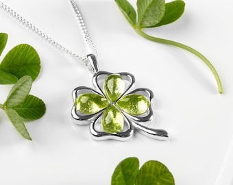 Sterling Silver Peridot Four Leaf Clover Necklace: Good Luck Jewelry